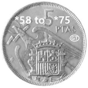 以下が含まれることがあります： スペインの紋章、数字の5、そして「PTAS」の文字が刻まれた銀貨。コインには「*58 to 5*75」と「GT」の文字も刻まれています。