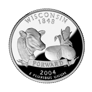 May include: A silver-colored Wisconsin quarter coin. The coin features a cow, a wheel of cheese, and an ear of corn. The coin also has the words "Wisconsin 1848", "Forward", "2004", and "E Pluribus Unum".