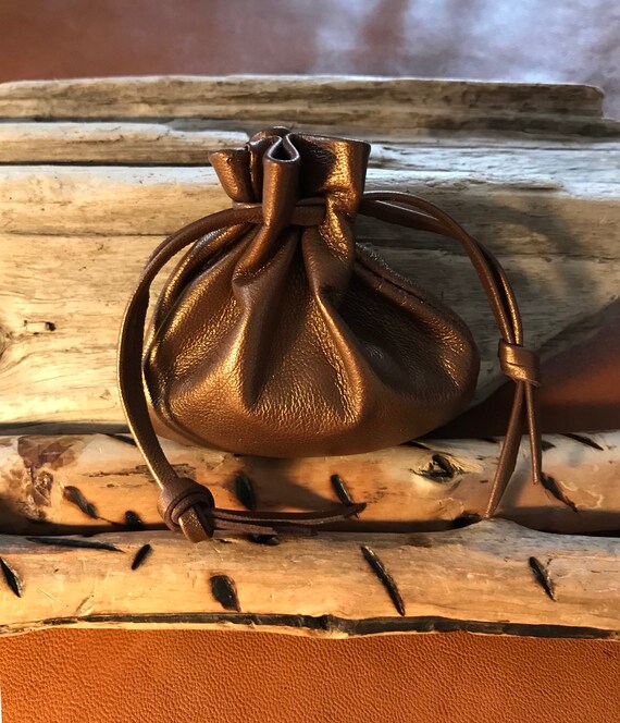 Leather Drawstring Pouch Bag Bronze Leather Small Bag Etsy