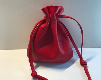 Leather Drawstring Pouch Bag,Red Pouch Bag,Medicine Bag, Crystals Pouch,Cosmetic Bag,Best Pouch Bags,Jewelry Pouch Bag,Red Leather,Made USA