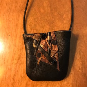Black Leather One Of A Kind Necklace Handmade By Shirlbcreationstoo. Crystal pouch. Amulet holder,Medicine Bag