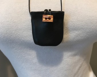 Black Leather One Of A Kind Necklace Handmade By Shirlbcreationstoo. Crystal pouch. Amulet holder,Medicine Bag