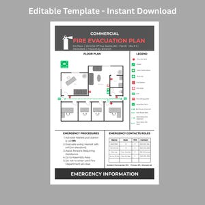 以下が含まれることがあります： フロアプラン、凡例、緊急手順を備えた、商業用の火災避難計画テンプレート。 計画には連絡先情報が含まれており、「編集可能なテンプレート - インスタントダウンロード」と表示されています。