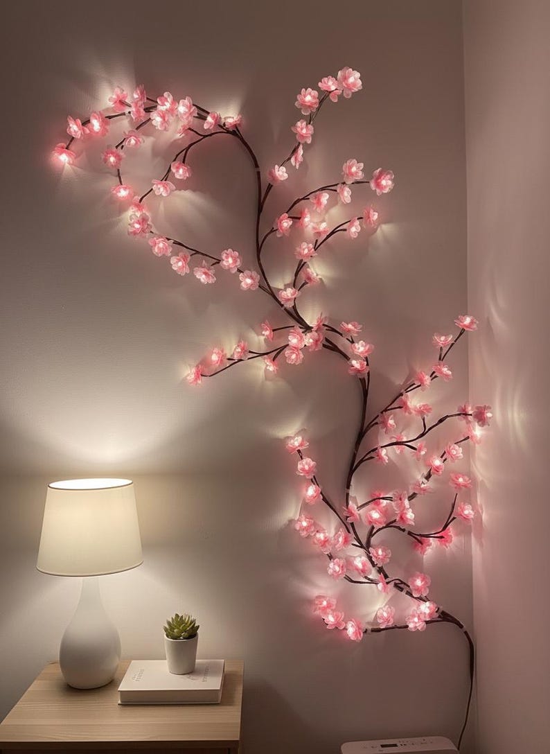 Lámpara de pared LED con diseño de flor de cerezo: 96 flores de sakura, enredadera flexible, alimentación por USB con control remoto, decoración romántica para el hogar.