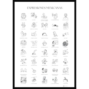 Puede incluir: Impresión en blanco y negro titulada "EXPRESIONES MEXICANAS" que presenta numerosas ilustraciones pequeñas que representan expresiones mexicanas. Las ilustraciones incluyen varios objetos y figuras, como animales, comida y personas en diferentes escenarios.