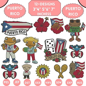 May include: A collection of twelve embroidered patches featuring Puerto Rican themes, including the island map, coqui frogs, hibiscus flowers, dominoes, maracas, and the Puerto Rican flag. Text reads 12+DESIGNS 3"4" 5"6" 7" INCHESS and PUERTO RICO.