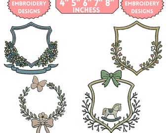 Maskinbroderidesign med blommig vapensköld, vintagekrans, maskinbroderi, blommig vapensköld, broderi, lagervapensköld, ramdesign i 3+ storlekar, direkt nedladdning