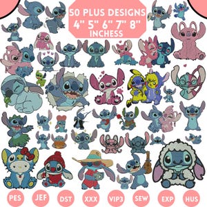 Puede incluir: Una colección de más de 50 diseños de bordado con el personaje Stitch en varias poses y estilos. Los diseños están disponibles en tamaños de 10, 12.7, 15.2, 17.8 y 20.3 cm. La imagen incluye el texto "50 PLUS DESIGNS" y "INCHES".