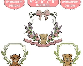 Maskinbroderidesign med björnvapenram, blommig vapenbroderi, monogram, lagervapenram, 3+ storlekar, direktnedladdningsbara filer
