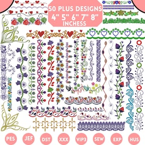 May include: An image showcasing a collection of over 50 embroidery designs. The designs include floral borders, heart patterns, and decorative elements. The text indicates sizes from 4 to 8 inches. Various file formats are listed at the bottom.