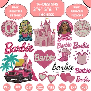 Puede incluir: Colección de diseños bordados en rosa con la palabra "Barbie", un castillo y otros elementos temáticos. Los diseños están disponibles en varios tamaños, de 7.6 cm a 17.8 cm. Incluye el texto "14+ DISEÑOS".