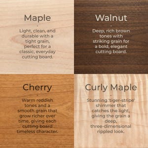 May include: A wooden cutting board sample image. The image displays four wood types: Maple, Walnut, Cherry, and Curly Maple. Each sample has a description of its grain and color, with text overlayed on each sample.