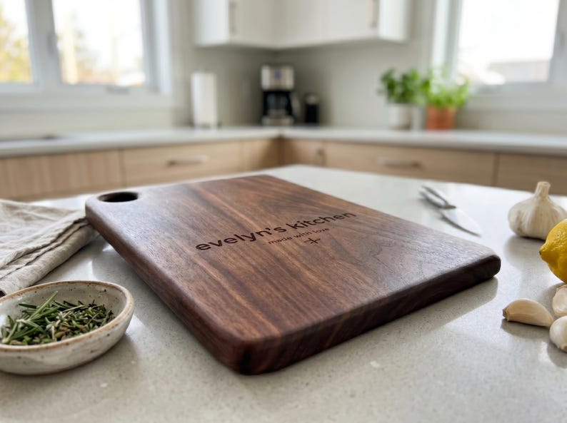 May include: A rectangular wooden cutting board with rounded corners and a handle hole. The board is engraved with the text "evelyn's kitchen made with love". The board is brown and sits on a white countertop.
