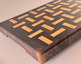 Large Patterned Walnut and Maple End Grain Cutting Board, Artisan Butcher Block