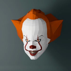 Könnte beinhalten: Ein 3D-Modell eines Clowns-Kopfes mit weißem Gesicht, roten Akzenten und orangefarbenem Haar. Der Clown hat einen finsteren Ausdruck mit orangefarbenen Augen und einem breiten, beunruhigenden Grinsen. Der Hintergrund ist dunkelgrau.
