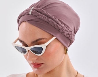 Mauve Braided Turban Bonnet with Crystal Brooch | Handmade Modest Hijab | Soft Sandy Fabric Full Coverage Headwrap for Women
