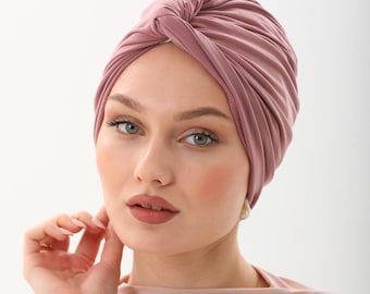 Soft Dusty Rose Modest Turban | Twist Hijab Bonnet for Women | Easy Slip-On Headwrap for Work, Prayer & Casual Outfits
