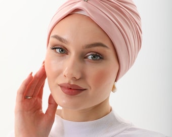 Blush Pink Pleated Modest Turban Bonnet with Crystal Bead Detail | Soft Sandy Fabric Hijab Headwrap for Daily and Special Occasions