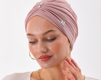 Soft Dusty Rose Modest Turban | Handmade Pleated Hijab Bonnet with Embellishment | Lightweight Sandy Fabric Headscarf