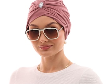 Mauve Pink Pleated Turban Bonnet | Sandy Fabric Hijab Cap with Twist Front & Jewel | Elegant Slip-On Modest Headwrap