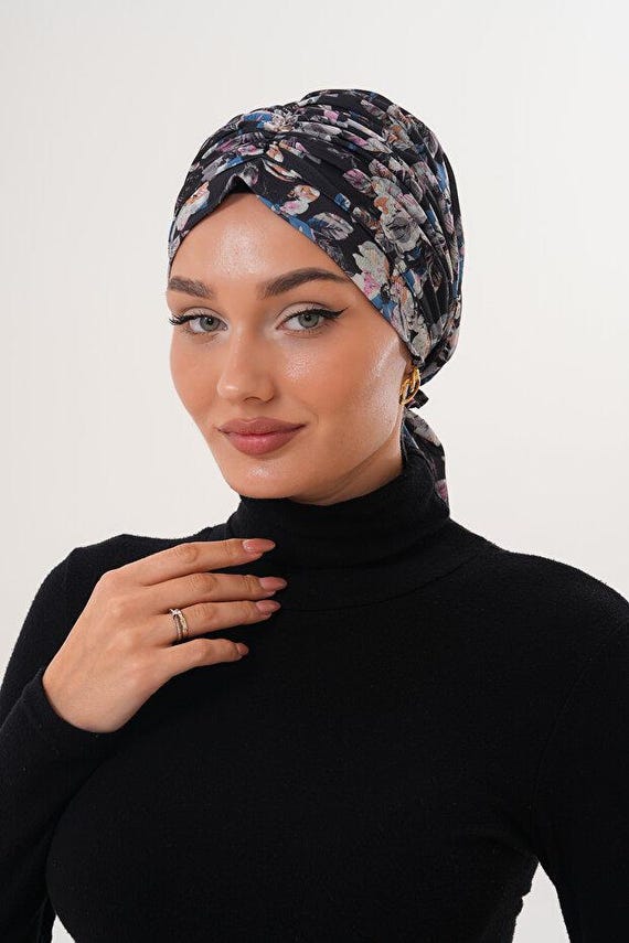Black Floral Turban Bonnet Handmade Cotton Viscose Tie Back
