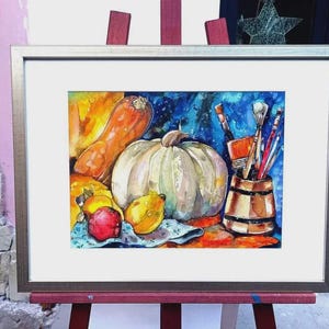 Pintura em aquarela original, natureza morta de outono, abóbora, frutas, pintura com pincéis, cozinha, arte de parede de estúdio, colheita colorida, cores de outono
