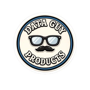 May include: A circular sticker featuring a cream-colored background with a blue and black border. The text DATA GUY PRODUCTS is printed in black capital letters. A pair of black-rimmed glasses and a black mustache are centered in the design.