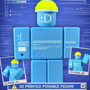 May include: A blue Builderman BSOD figure from Forsaken, with a yellow hard hat and a face with a "D" on it. The figure is 3D printed and posable, with text that reads "BSOD a.k.a The Blue Screen of Death !!!".