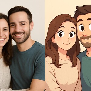 Puede incluir: Imagen dividida que muestra a una pareja sonriente. A la izquierda, una fotografía de un hombre y una mujer. A la derecha, una ilustración animada de la misma pareja. El hombre lleva una camiseta verde azulado y la mujer un suéter claro.