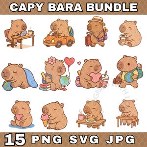 15 Cute Capybara SVG Bundle, Instant Download for Cricut & Silhouette, Kawaii Capybara Clipart, Capybara PNG for Stickers, T-Shirt Designs
