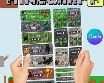Minecraft School Labels Editable in Canva, Digital Name Tags for Kids, Back to School Printable, Minecraft Characters, Creeper School Labels