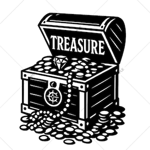 May include: Black and white illustration of an open treasure chest overflowing with gold coins, a diamond, and a pearl necklace. The word "TREASURE" is displayed on the chest lid. A compass design is on the front of the chest.