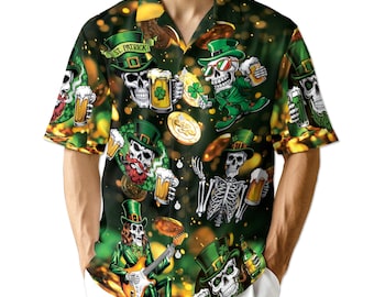 St. Patrick's Day Skull Hawaiian Shirt, Shamrock Beer Aloha Shirt