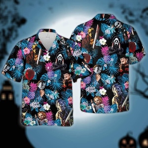Horror Movie Hawaiian Shirt, Spooky Halloween Aloha Shirt, Scary Character Floral Shirt, Horror Fan Gift, Creepy Summer Button Up