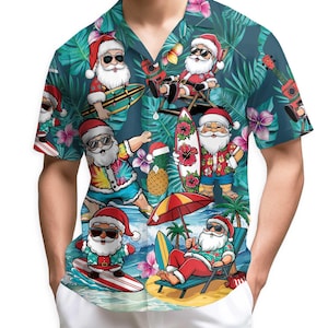 Camisa hawaiana tropical con Papá Noel surfista, divertida, ideal para la playa o Navidad. Camisa abotonada para las vacaciones, perfecta para hombres, mujeres y toda la familia.