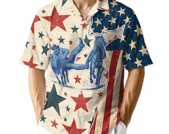 Patriotic Cowboy Horse Riding Hawaiian Shirt, Vintage USA Flag Rodeo Aloha Shirt, Western Cowboy Shirt, 4th of July Shirt S-5XL