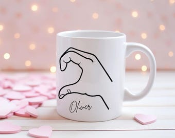 Matching Heart Hands Coffee Mug, Personalized Couple Mug, Custom Name Mug Set for Couples, Anniversary Gift, Valentine Gift