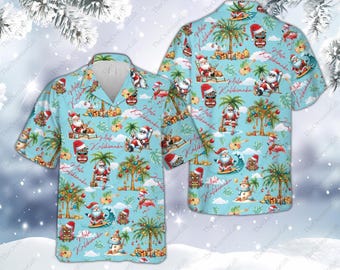 Camisa hawaiana Mele Kalikimaka, Top Aloha con muñeco de nieve y Papá Noel Tiki, Camisa divertida tropical navideña para fiestas familiares