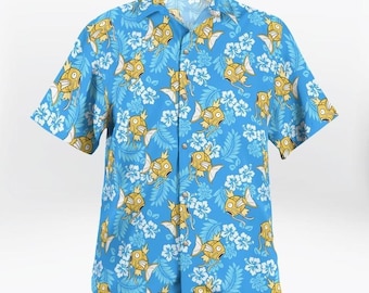 Funny Shiny Magikarp Hawaiian Shirt, Anime Tropical Hibiscus Aloha Shirt, Otaku Geek Button Down Summer Shirt S–5XL