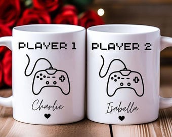 Aangepaste gamer koffiemok, leuk cadeau paar gaming, mok speler 1 of speler 2, bijpassende gamingmok, retro gamemok, cadeau gamer gag
