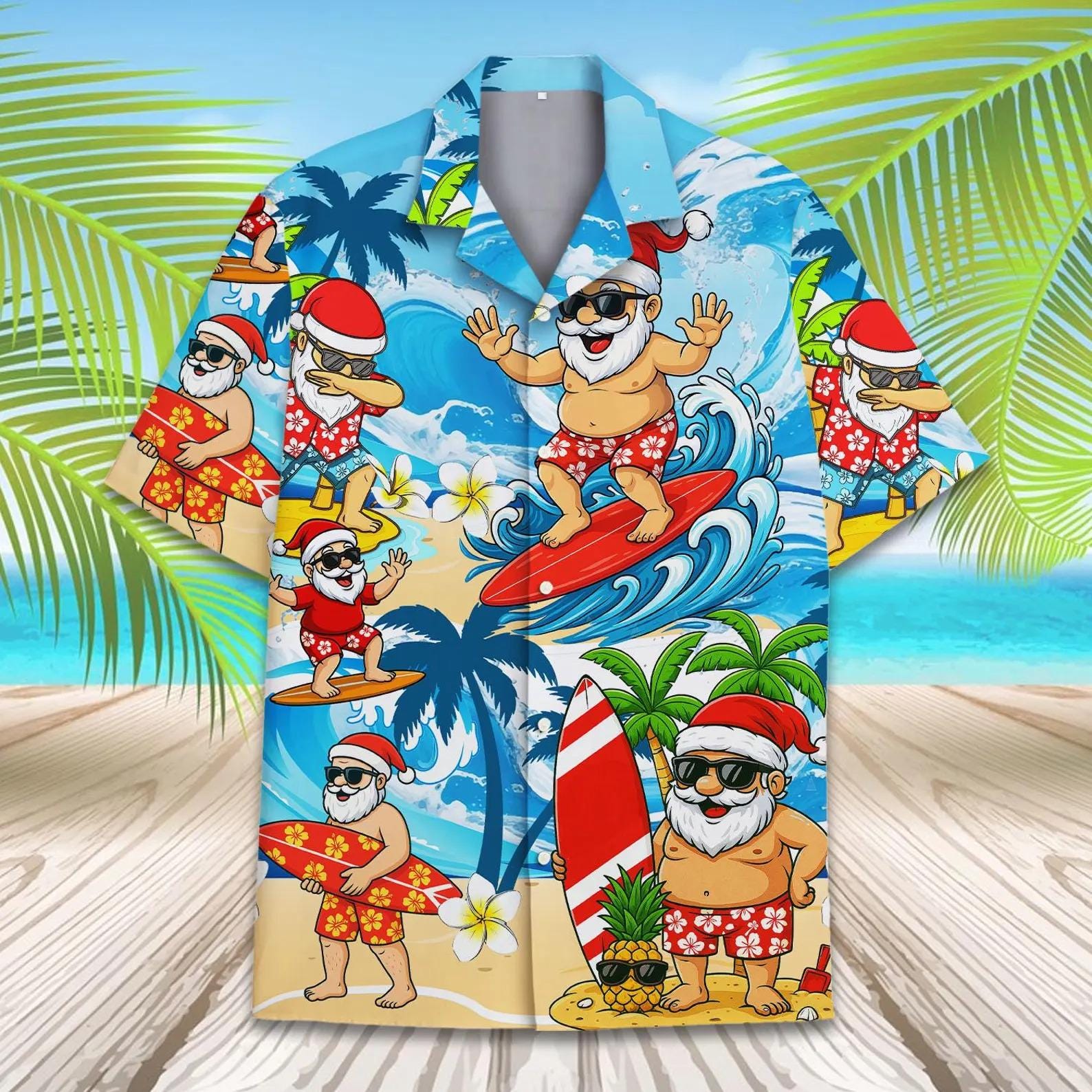Discover Surfing Santa Hawaiian Shirt for Men & Women, Christmas Santa Aloha Shirt, Holiday Funny Shirt