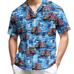 May include: A short-sleeved, button-down shirt featuring a vibrant blue background with a repeating pattern of red fire trucks and palm trees. The shirt has a classic collar and is made of a lightweight fabric, perfect for warm weather.