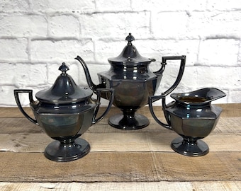 VTG Art Deco Homan Silverfat 3 delar sockerskål Gräddkanna Te Kaffekanna Set