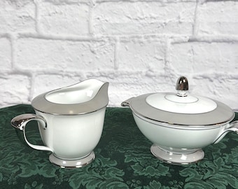 Vintage Sango Platina Zuckerdose Deckel Milchkännchen Set Japan MCM White Grey Platinum