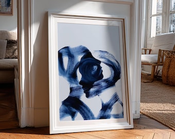 Gezichten indigo penseelstreek, moderne abstracte portretkunst, minimalistische menselijke silhouetafdruk, modern blauw muurdecor, afdrukbare kunst