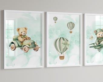 Set of 3 Teddy Bear Nursery Prints, Boys Room Wall Art, Hot Air Balloon Car Airplane Baby Boy Decor, Adventure Theme Kids Bedroom Posters