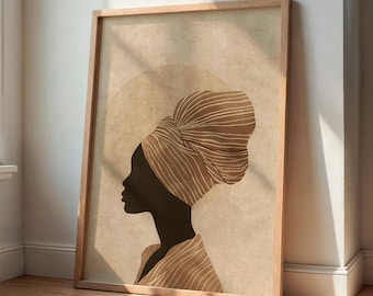 Afrocentric Black Woman Silhouette Wall Art, Minimalist Boho Portrait Print, Neutral African American Decor, Modern Abstract Style Poster