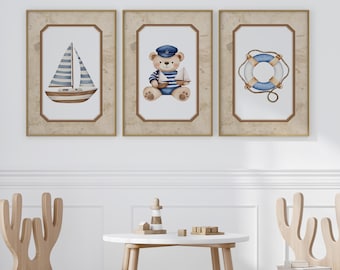 Nautical Nursery Wall Art Set of 3, Sailor Teddy Bear Print, Baby Boy Room Decor, Ocean Nursery Prints, Digital Download