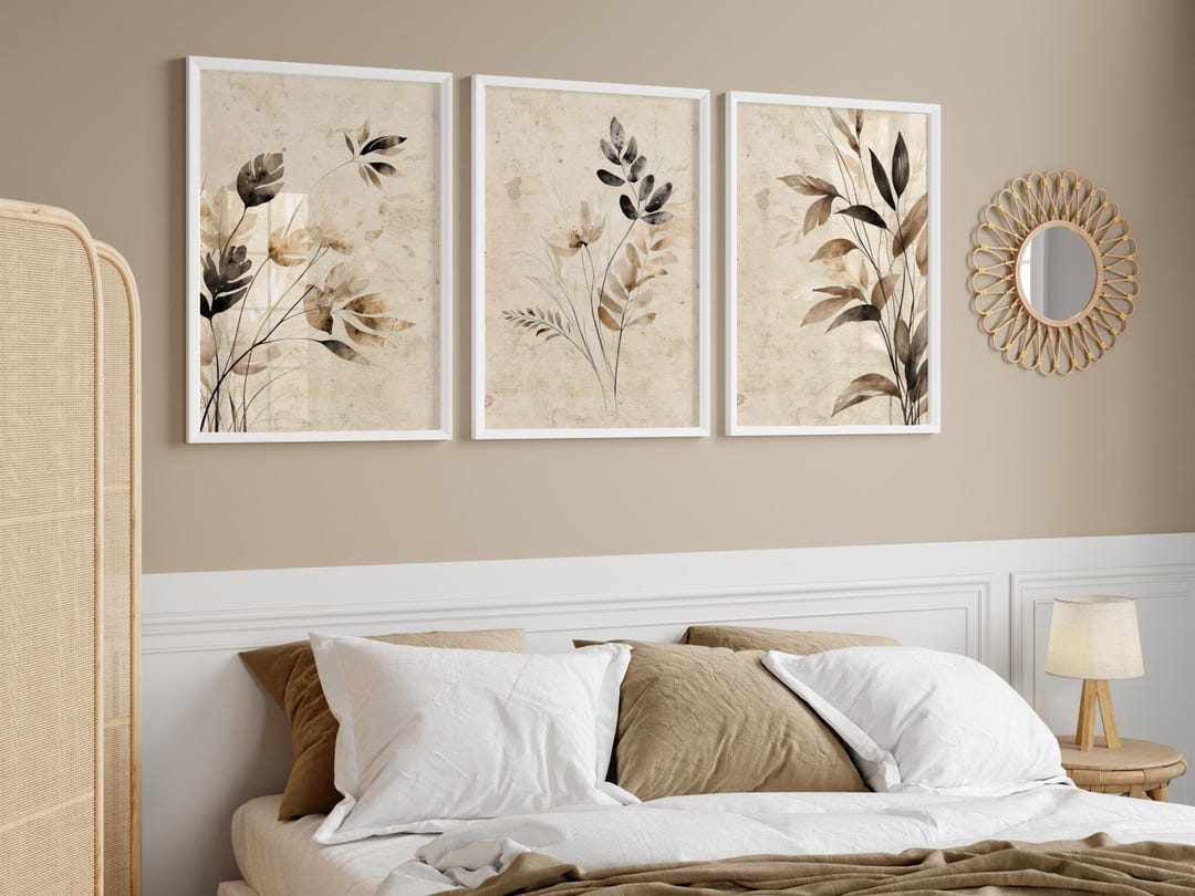 Neutral Botanical Abstract Wall Art Set of 3 – Beige & Brown Floral ...