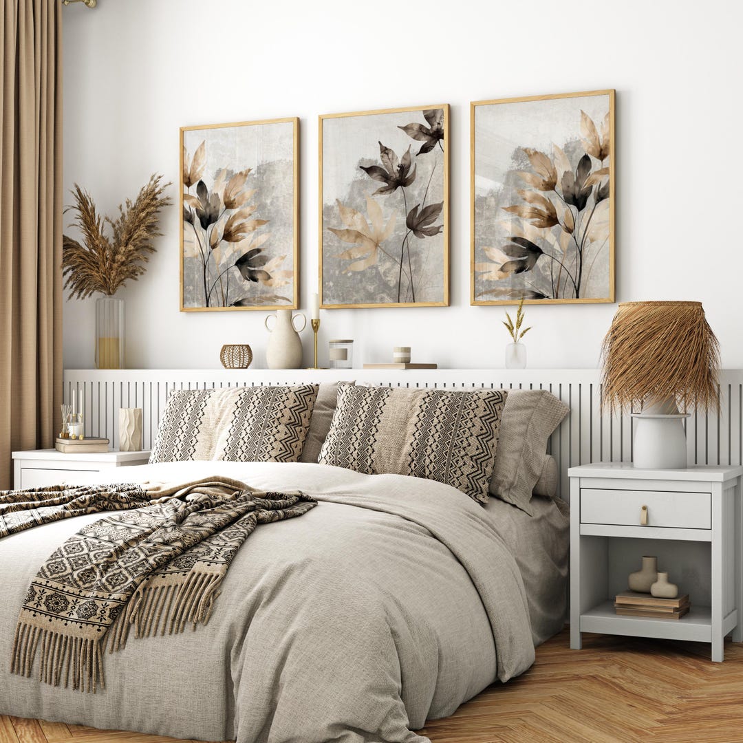 Abstract Botanical Wall Art Set of 3 – Neutral Beige & Brown Floral ...